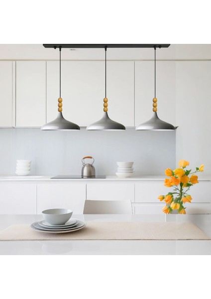 Üçlü Gri Ahşap Üç Boncuk Sarkıt Lamba Yemek Masası Oturma Odası Mutfak Salon Otel Showroom Ho