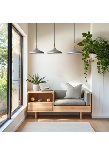 Üçlü Gri Ahşap Başlık Sarkıt Lamba Yemek Masası Oturma Odası Mutfak Salon Otel Showroom Hol modelleri