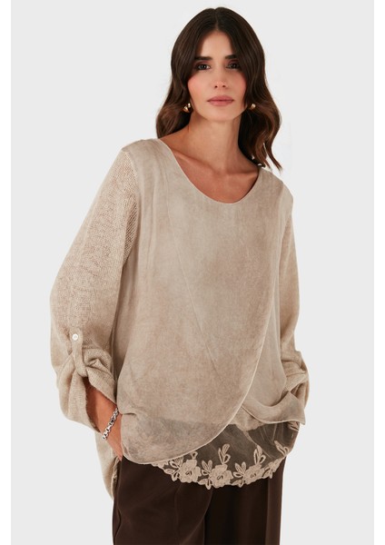 Via Dante Oversize Fit Dantel Detaylı Yuvarlak Yaka Bluz Bayan Bluz 690870