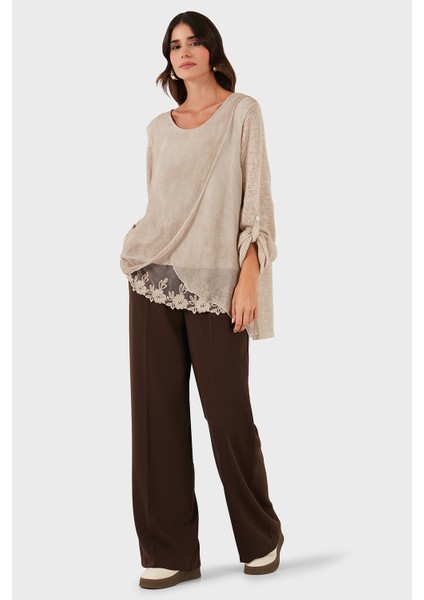 Via Dante Oversize Fit Dantel Detaylı Yuvarlak Yaka Bluz Bayan Bluz 690870 fiyatları