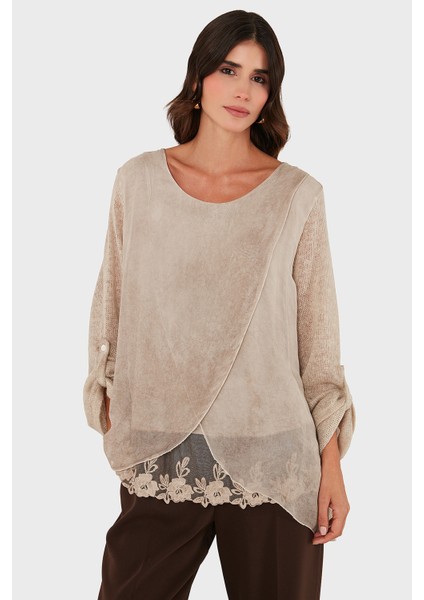 Via Dante Oversize Fit Dantel Detaylı Yuvarlak Yaka Bluz Bayan Bluz 690870 fırsatları
