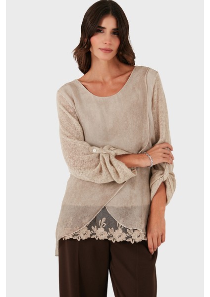 Via Dante Oversize Fit Dantel Detaylı Yuvarlak Yaka Bluz Bayan Bluz 690870 indirimleri