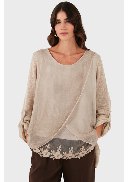Via Dante Oversize Fit Dantel Detaylı Yuvarlak Yaka Bluz Bayan Bluz 690870