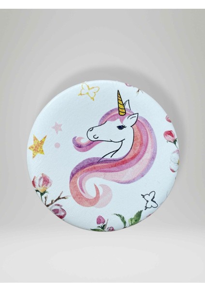 Unıcorn Temalı Çift Taraflı Yuvarlak Cep Çanta Makyaj El Aynası 7cm Çap (Kod:28)