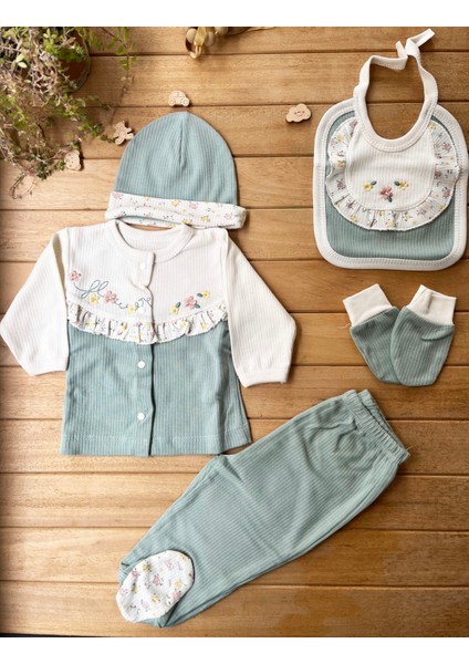 % 100 Pamuk Yenidoğan Bebek Hastane Çıkış Seti 5 Parça - Çiçek Desenli Yeşil