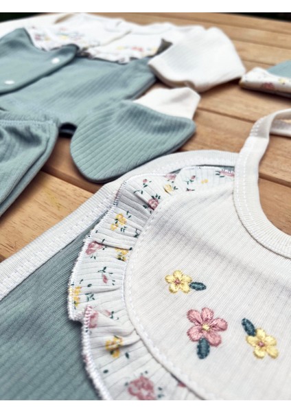 % 100 Pamuk Yenidoğan Bebek Hastane Çıkış Seti 5 Parça - Çiçek Desenli Yeşil fiyatları