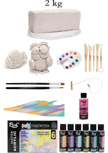 Vakumlu Çamuru Beyaz 5 kg Rich Master Mix 60CC Akrilik 6'lı Pastel Renk Seramik Başlangıç Set