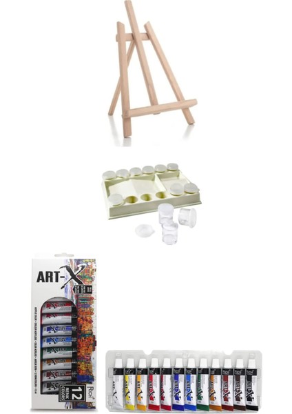 Masaüstü Orta Boy Şövale-Art-X 12 ml 12 'li Akrilik Set-Rich Şişeli Palet 3'lü Set