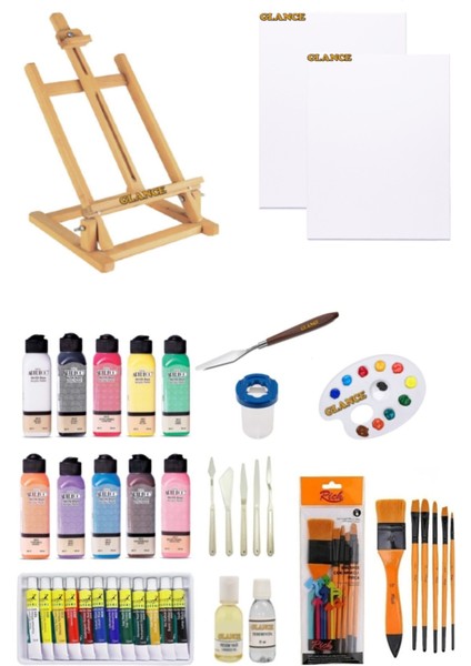 Artdeco 140 ml Akrilik Boya Fanart 12X12 ml Yağlı Boya Seti 35X50 Tuval Masaüstü Şövale Seti