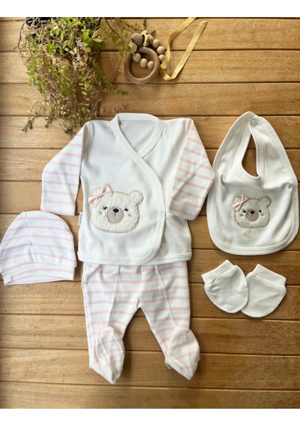 % 100 Pamuk Yenidoğan Bebek Hastane Çıkış Seti 5 Parça – Ayıcık Desenli Pembe