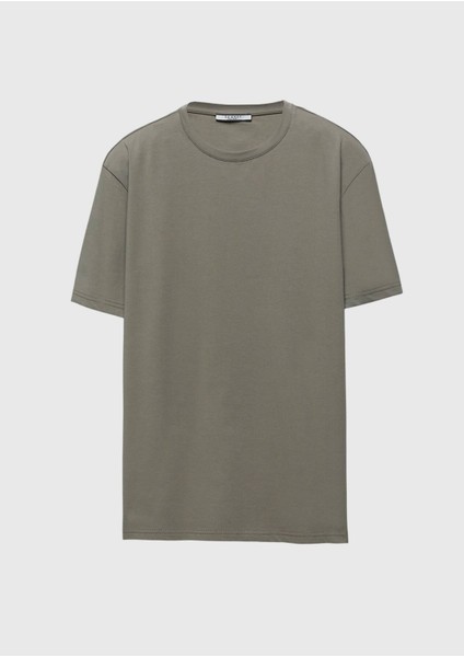 Deve Tüyü Düz Bisiklet Yaka Pamuk Karışımlı T-Shirt