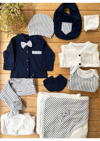 %100 Pamuk Yenidoğan Erkek Bebek Hastane Çıkış Seti 10 Parça – Çizgili Desenli Indigo