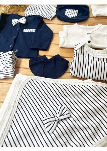 %100 Pamuk Yenidoğan Erkek Bebek Hastane Çıkış Seti 10 Parça – Çizgili Desenli Indigo fiyatları
