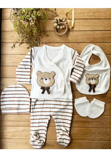 % 100 Pamuk Yenidoğan Bebek Hastane Çıkış Seti 5 Parça - Ayıcık Desenli Kahve