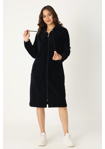 Kadın Haki Kapüşonlu Fermuarlı Pamuklu Kadife Cepli Elbise
