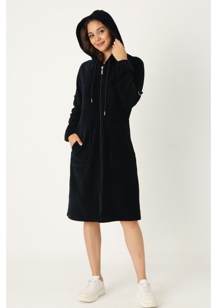 Kadın Haki Kapüşonlu Fermuarlı Pamuklu Kadife Cepli Elbise fiyatları
