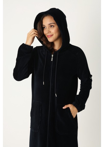 Kadın Haki Kapüşonlu Fermuarlı Pamuklu Kadife Cepli Elbise modelleri