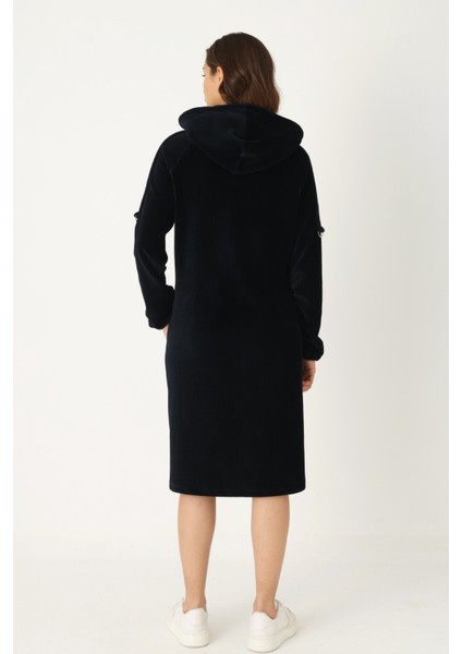 Kadın Haki Kapüşonlu Fermuarlı Pamuklu Kadife Cepli Elbise indirimleri