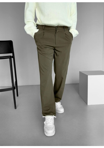 Erkek Baggy Fit Beli Lastikli Rahat Pantolon Haki