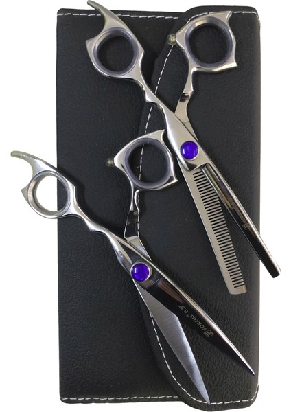 Profesyonel Berber Kuaför Saç Kesim Makas Seti 6.5 Inc 2'li Deri Çanta Model FRZK7FMAVİ