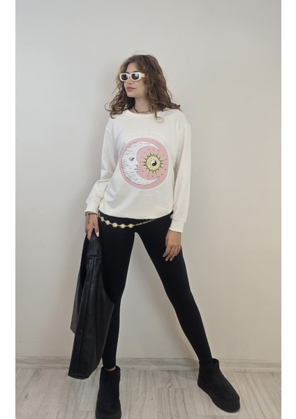 Kadın Bisiklet Yaka Baskı Detaylı Sweatshirt