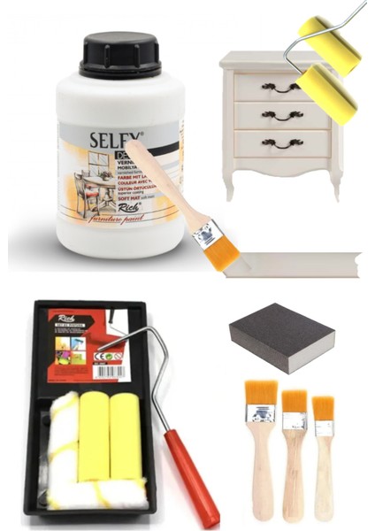 Rich Selfy Decor Antik Beyaz Kendinden Vernikli Boya 1250 cc Tavalı Rulo Set Akrilik Set