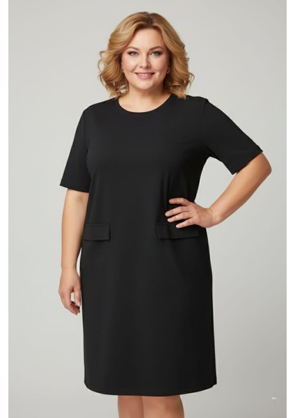 Kadın Kısa Kollu Cep Görünümlü Bisiklet Yaka Büyük Beden Elbise