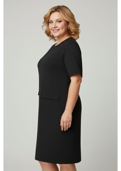 Kadın Kısa Kollu Cep Görünümlü Bisiklet Yaka Büyük Beden Elbise fiyatları