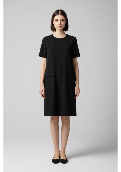 Kadın Kısa Kollu Cep Görünümlü Bisiklet Yaka Büyük Beden Elbise fırsatları