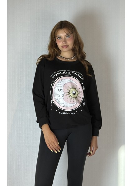 Kadın Bisiklet Yaka Baskı Detaylı Sweatshirt