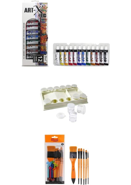 Art-X 12 ml 12 'li Renk Tüp Akrilik Set-Rich Set8 Fırça-Rich Şişeli Palet 3'lü Set