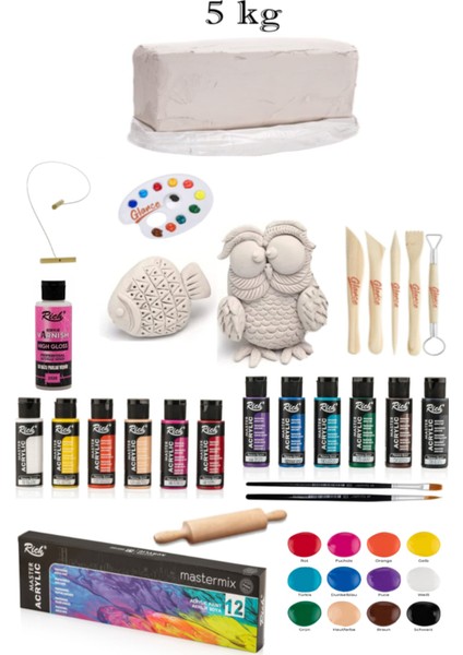 Vakumlu Çamuru Beyaz 5 kg Rich Master Mix 60CC Akrilik 12'li Canlı Renk Seramik Başlangıç Set