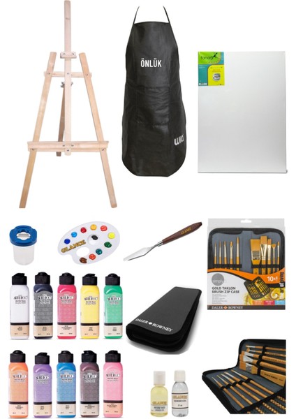 Artdeco 140 ml Akrilik Boya Gold Taklon 10`lu Çantalı Fırça Profesyonel Şövale Set