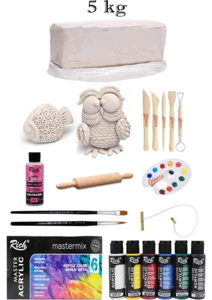 Vakumlu Çamuru Beyaz 5 kg Rich Master Mix 60CC Akrilik 6'lı Canlı Renk Seramik Başlangıç Set