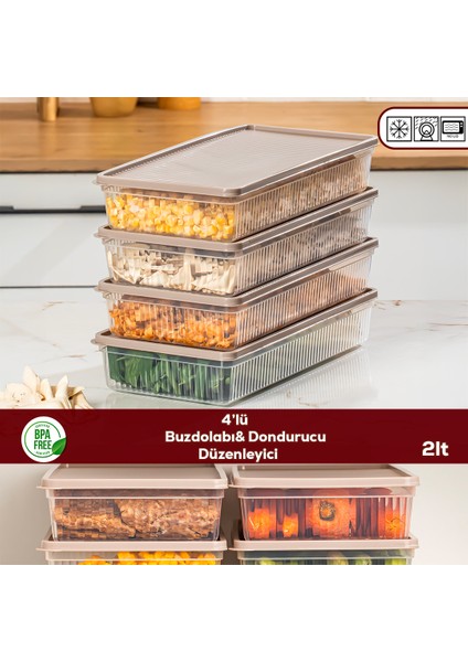 5309 4lü Buzdolabı ve Difriz Düzenleyici Saklama Kabı Seti - Bpa Içermez, Mikrodalga Uyumlu, Kapaklı, Gıda Saklama Kabı,cappuccino, 2 Lt