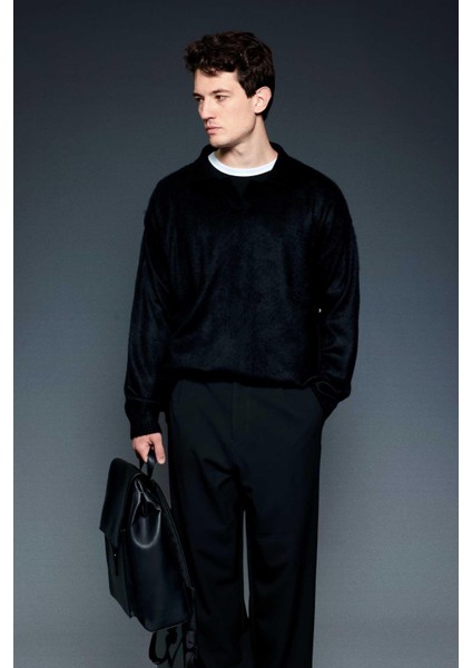 Erkek Oversize Yumuşak Dokulu Kazak Siyah fırsatları