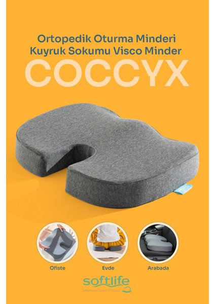 COCCYX Ortopedik Visco Oturma Minderi Kuyruk Sokumu Visko Minder 45x34x7 cm