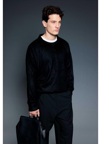 Erkek Oversize Yumuşak Dokulu Kazak Siyah indirimleri