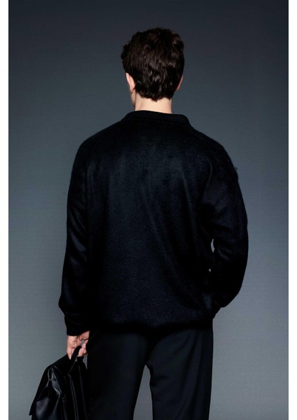 Erkek Oversize Yumuşak Dokulu Kazak Siyah