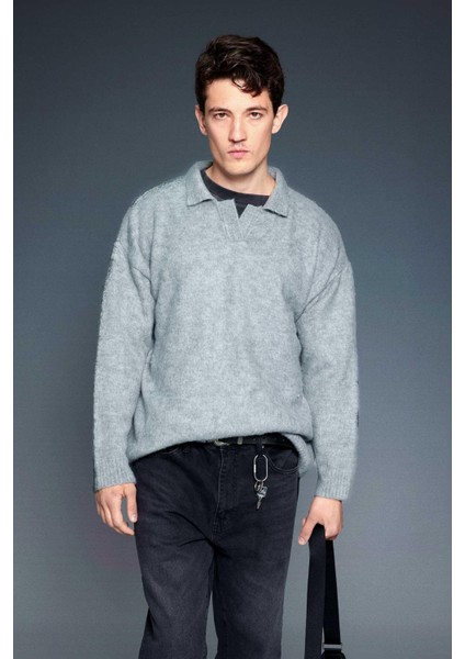 Erkek Polo Yaka Yumuşak Dokulu Oversize Kazak Gri indirimleri