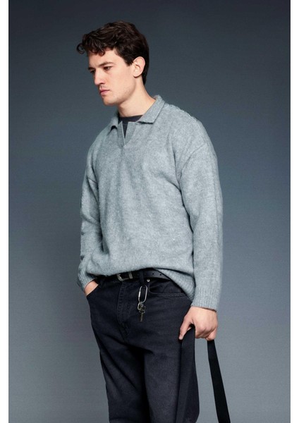Erkek Polo Yaka Yumuşak Dokulu Oversize Kazak Gri
