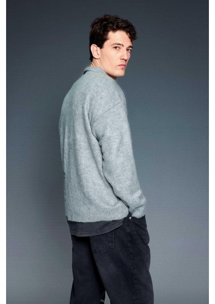 Erkek Polo Yaka Yumuşak Dokulu Oversize Kazak Gri