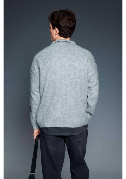 Erkek Polo Yaka Yumuşak Dokulu Oversize Kazak Gri