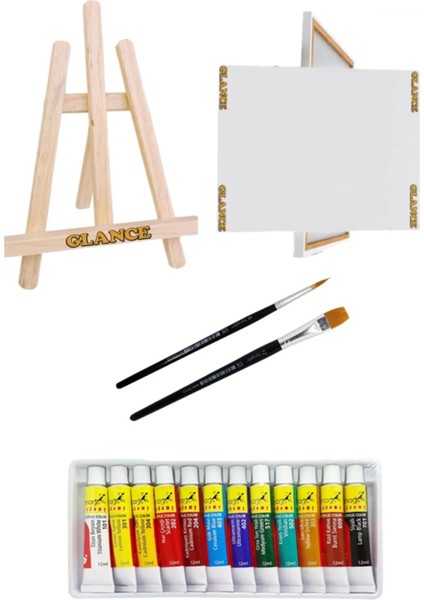 Şövale Mini+Tuval 25X35+ Academy Akrilik Boya Seti 12X12 Ml+Fırça Set