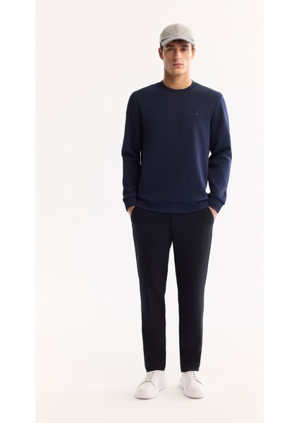 Erkek Lacivert Bisiklet Yaka Pamuklu Bi-Stretch Regular Fit Sweatshirt A52Y1271