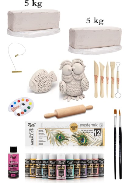 Vakumlu Çamuru Beyaz 5x2 kg Rich Master Mix 60CC Akrilik 12'li Metal Renk Seramik Başlangıç Set