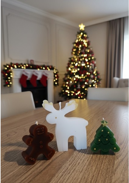 Yılbaşı, Geyik, Kurabiye Adam ve Çam Ağacı Kokulu Mum Seti 3' Lü