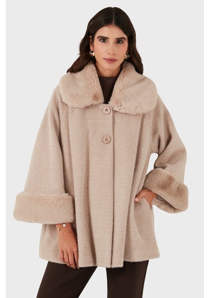 Via Dante Oversize Fit Ceket Yaka Düğmeli Kürk Mont Bayan Mont 6858060