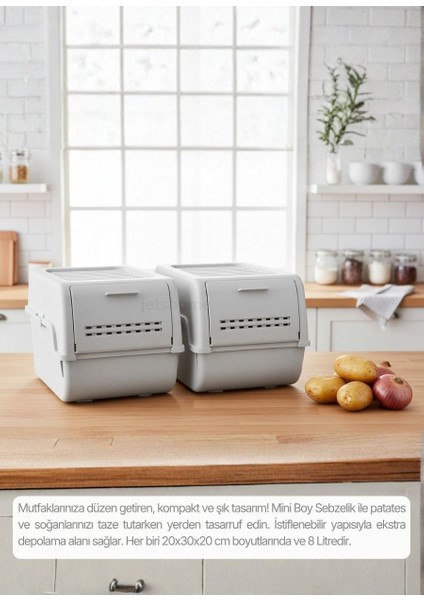2\'li Mini Boy Patates Soğan Sepeti Bpa Free Sebzelik Organizer Kutu Motek Gri 8 L