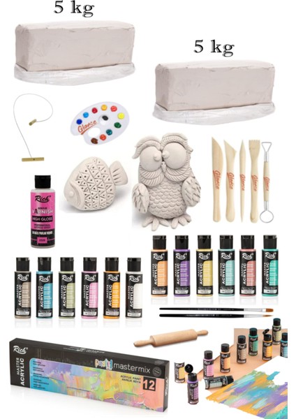 Vakumlu Çamuru Beyaz 5x2 kg Rich Master Mix 60CC Akrilik 12'li Pastel Renk Seramik Başlangıç Set
